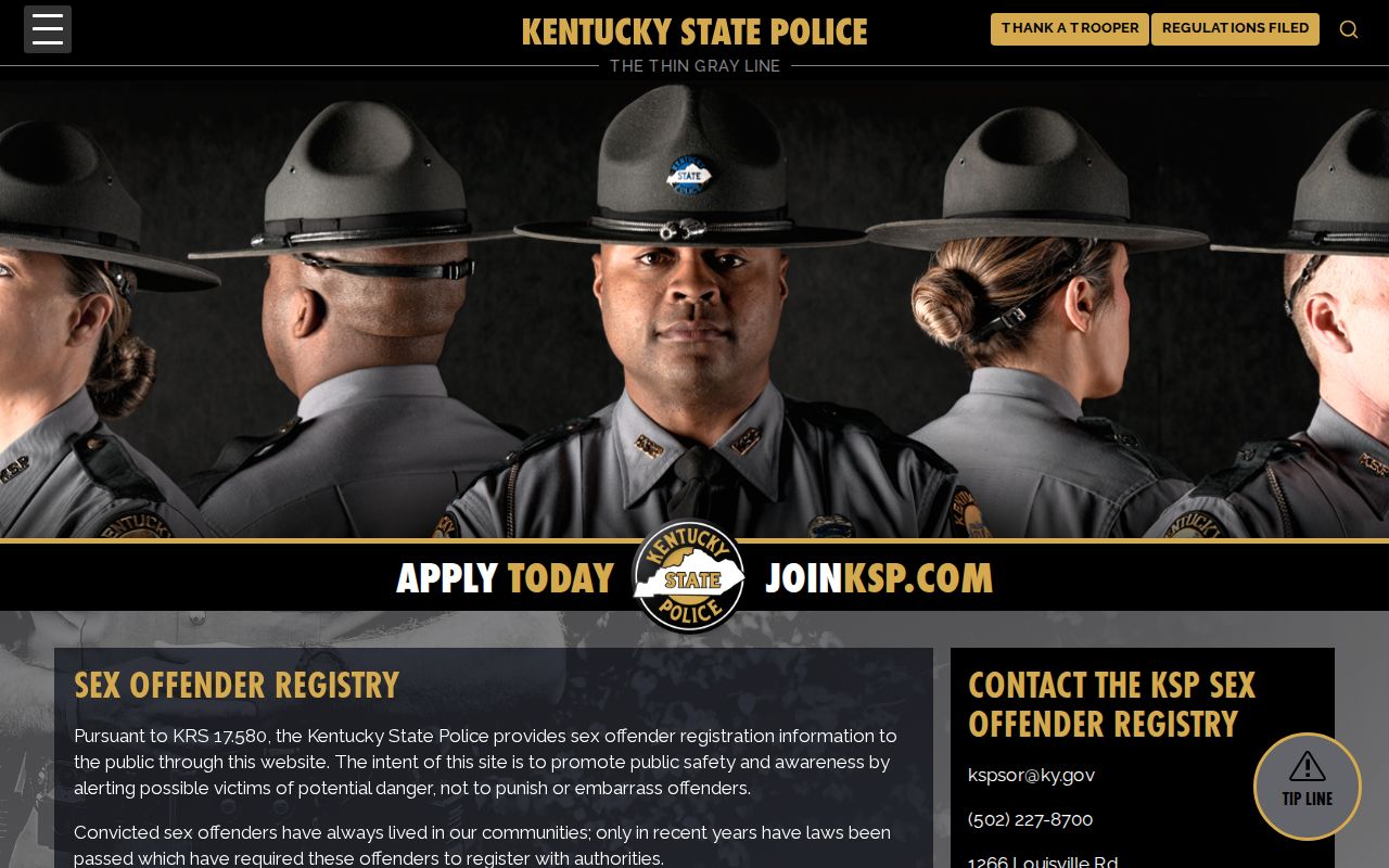 Kentucky State Police registry scope and alert information